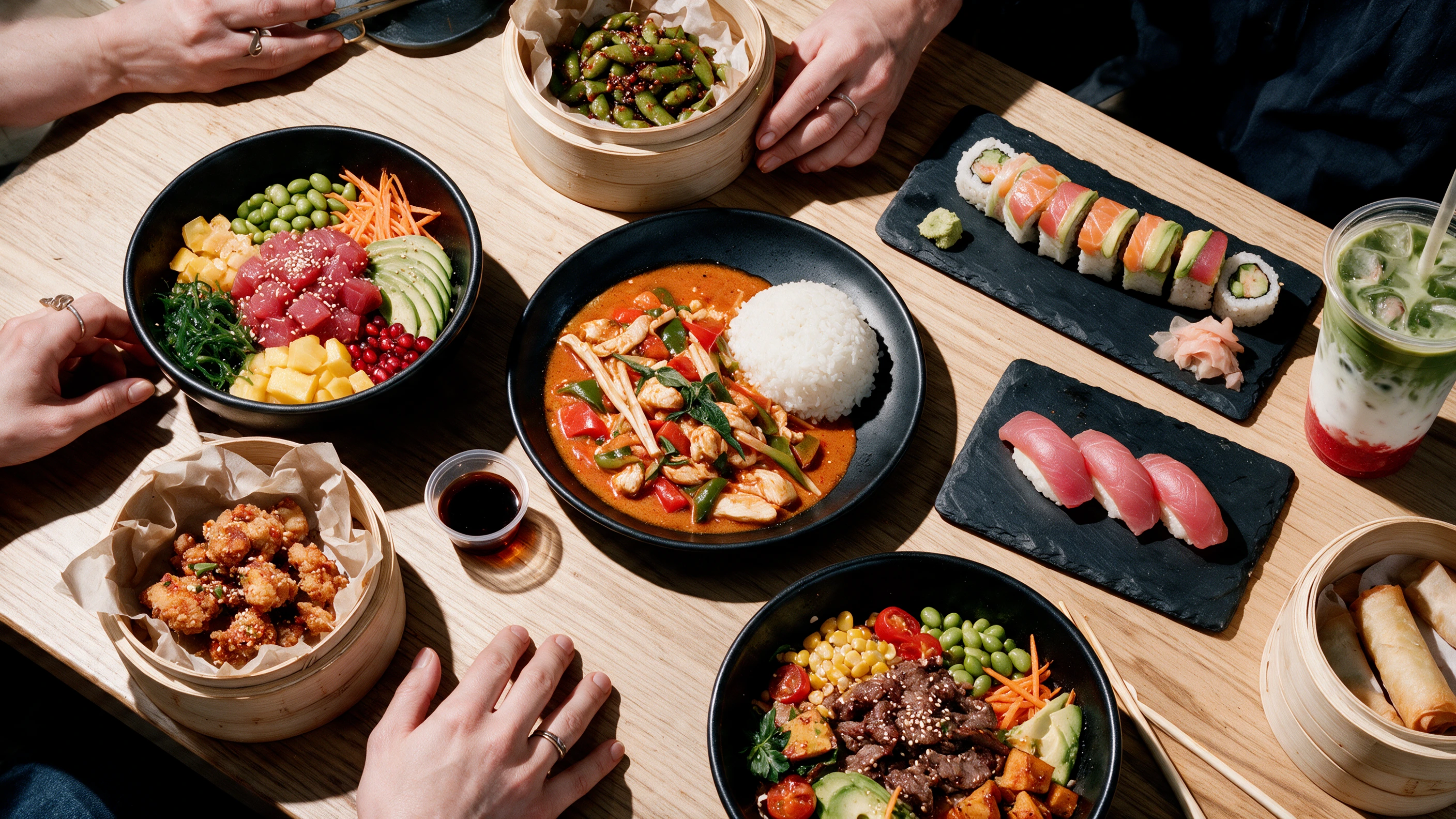 Poké Bowls, Thai Curry, Sushi und Matcha zum Teilen am Tisch