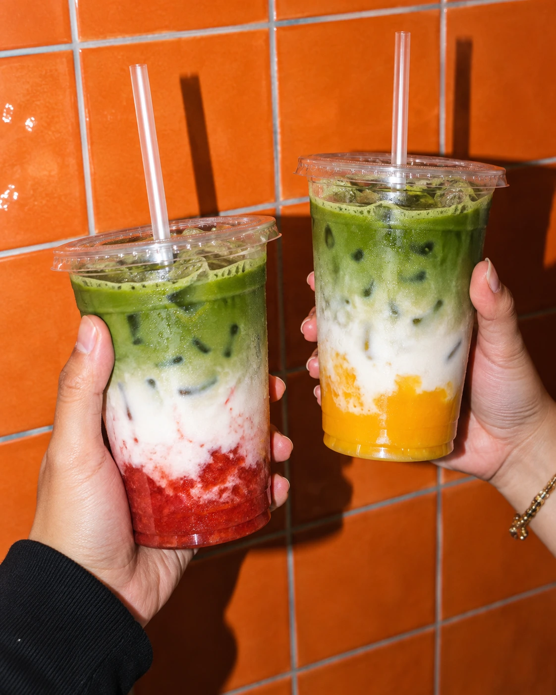 Strawberry und Mango Matcha in transparenten Plastikbechern